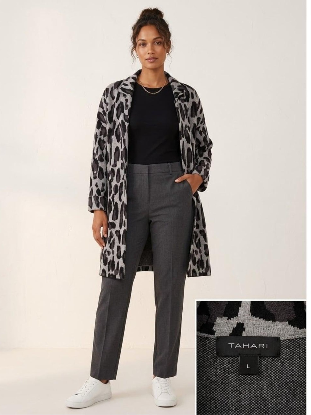 Tahari Gray & Black Leopard-Print Open Cardigan